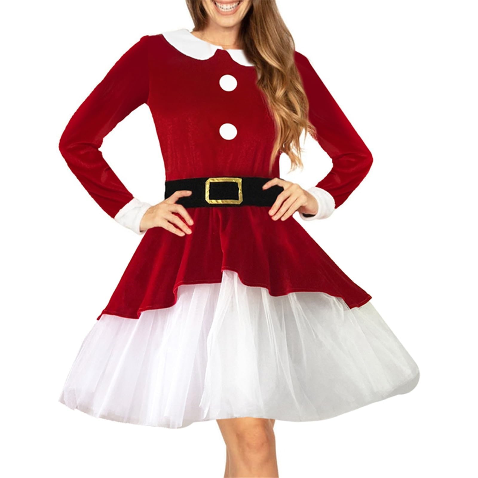 Springcmy Mrs Claus Costume for Women Christmas Santa Costume Dress Fancy Dress Xmas Outfit Velvet Cosplay Party Dress (A-Red, XL)