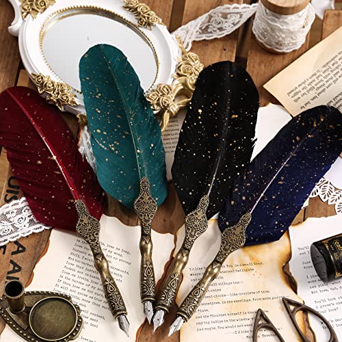 Vangoal Retro Carving Feather Pen Set, Glittering Quill Pen Set Antique Calligraphy Writing Dip Pen With Ink, 2 Replacement Nibs, Pen Stand Base, Luxury Vintage Signature Pen (Black) #TOP7