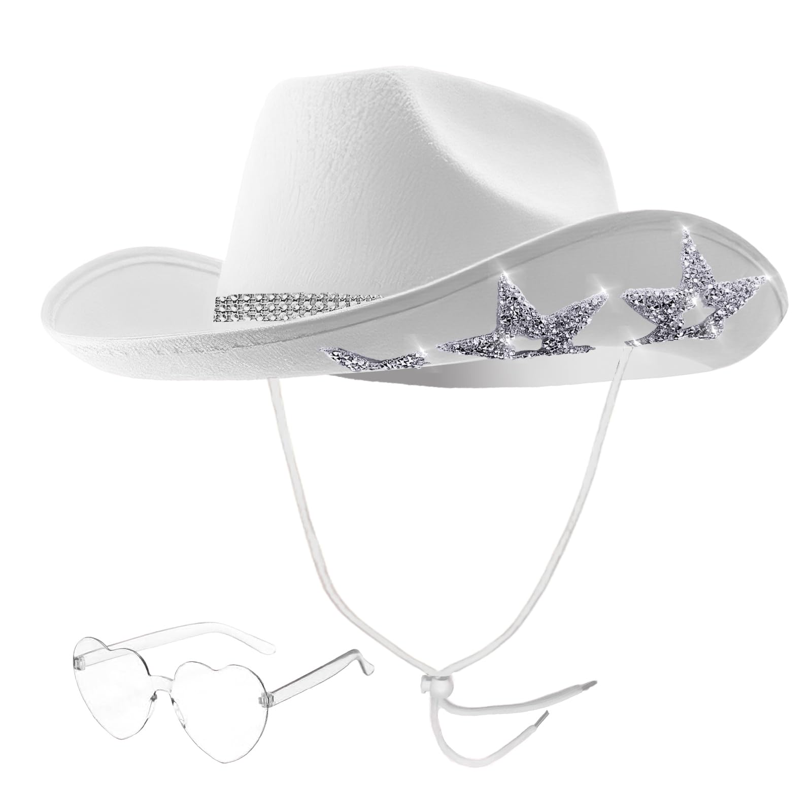 JICASTO Cowboy Hats with 6 Sequins Stars & Tiara Belt for Women Rodeo Party Hats with Heart Shaped Sunglasses