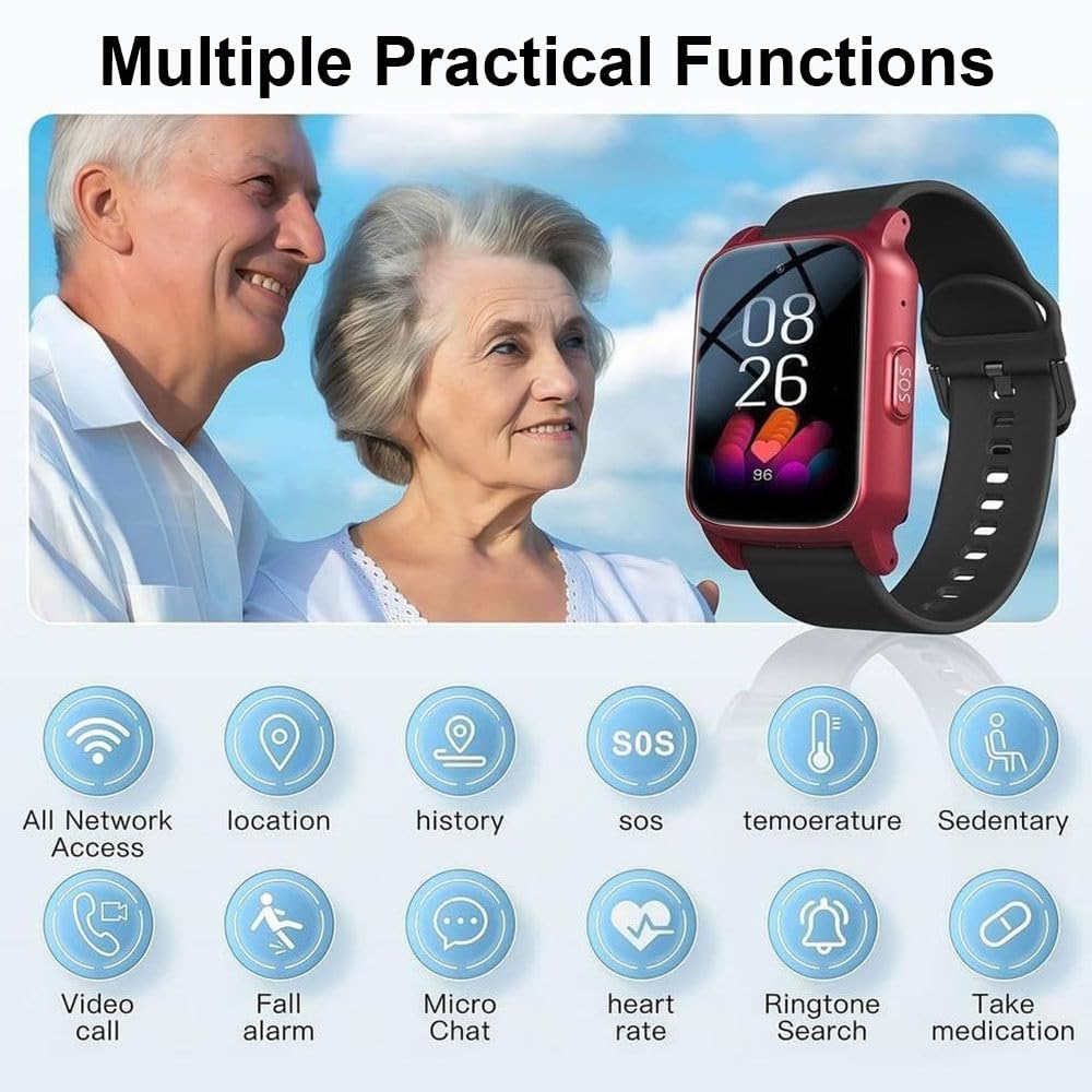 Notruf Uhr für Senioren, Notfalluhr mit Sturzsensor und GPS Tracker, HD Videoanruf Gesundheitsüberwachung, 1,47-Zoll-HD-Bildschirm IP67 Wasserfest für Alzheimer Black