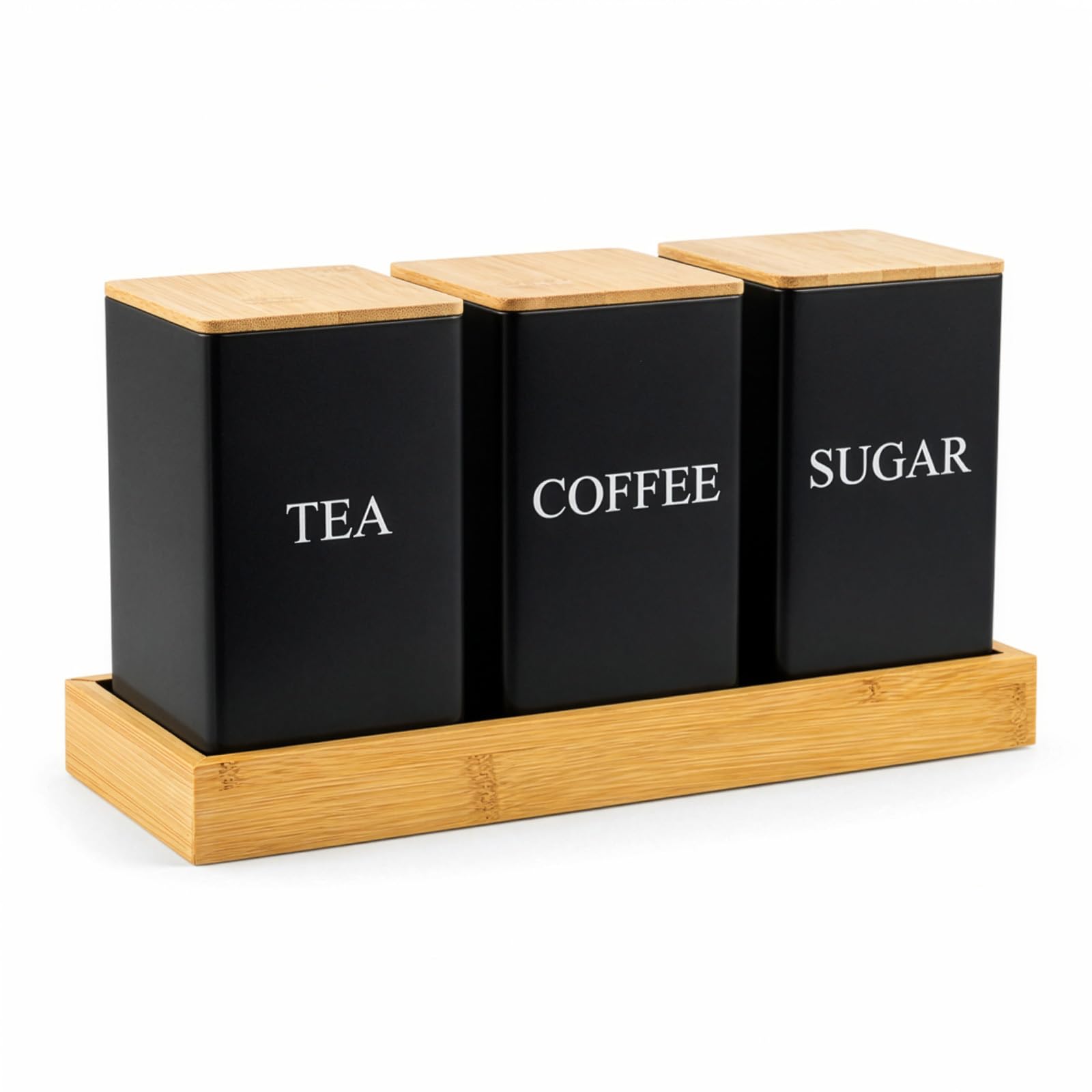 Evergoods Black Coffee Tea Sugar Set Tea Coffee Sugar Canister Set With Tray,3 Piece Kitchen Storage Canisters With Airtight Lids, Bamboo Lid Glass Jars Easy To Open Airtight Lids For Tea, Coffee