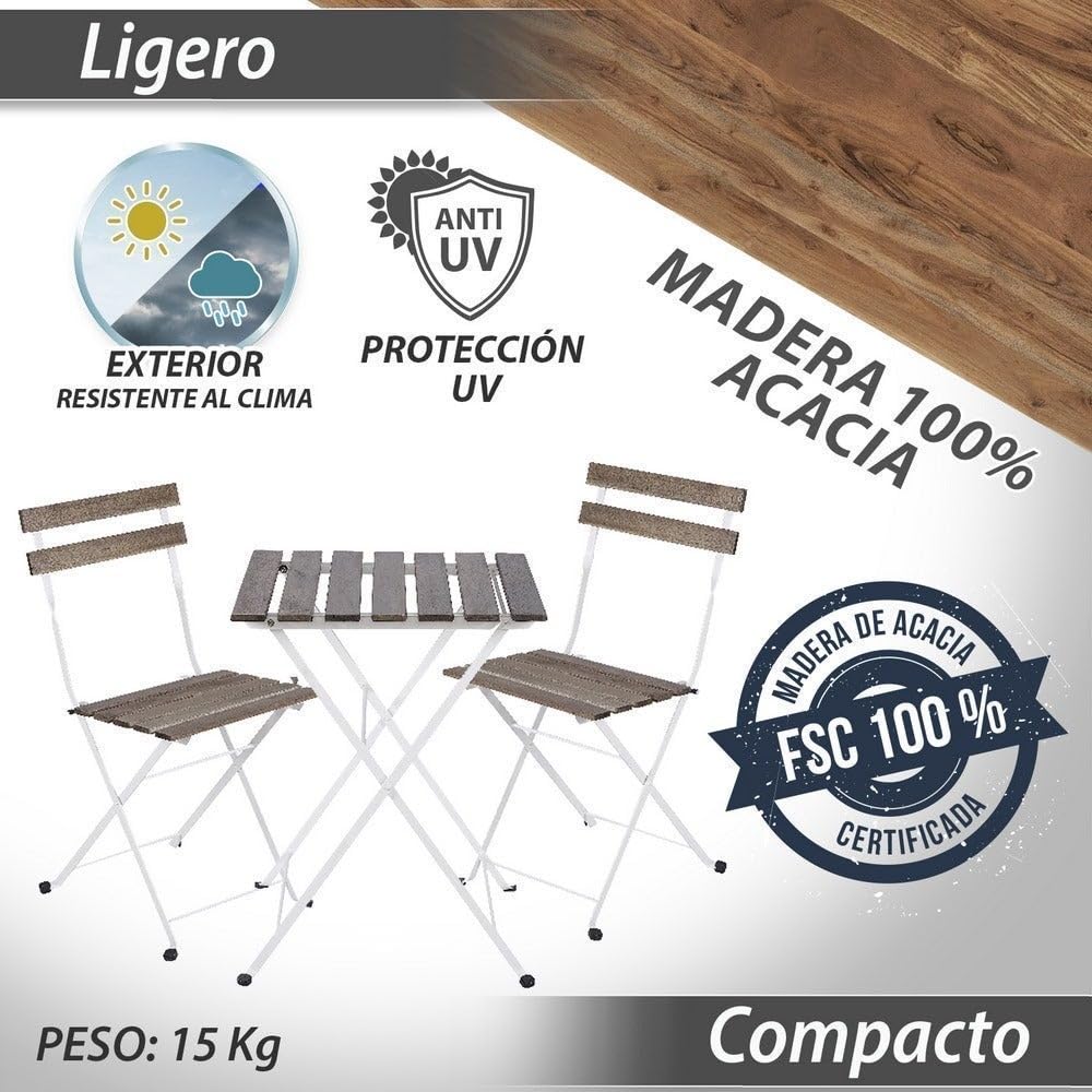 LOLAhome Set Muebles de Balcón Completo | Mesa y 2 Sillas Plegables, de Madera y Acero Blanco | Tratamiento Anticorrosión y Madera Sostenible | para Jardín, Terraza o Balcón | Sirio