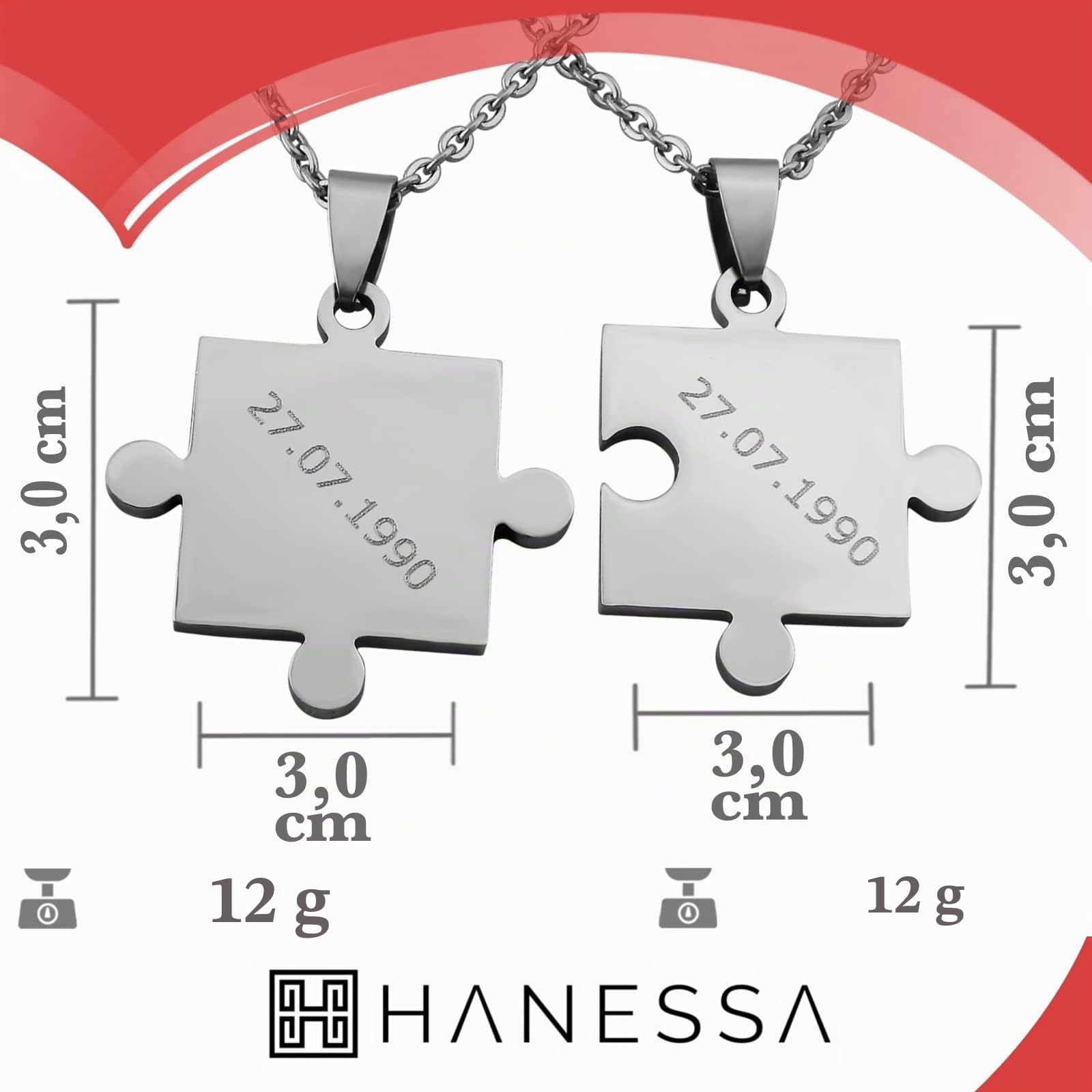 2 Stück Personalisierte Kette mit Gravur Edelstahl 50 cm mit Anhänger Puzzle Teil in silber - Personalisierte Geschenke für Damen Herren Freundin Freund - Partner Halskette für Sie und Ihn