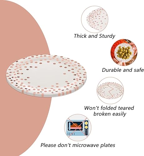 Miniatura 5 de Platos de papel desechables redondos de 9 pulgadas, platos de papel de lunares blancos y dorados, platos llanos, platos de papel de lunares dorados