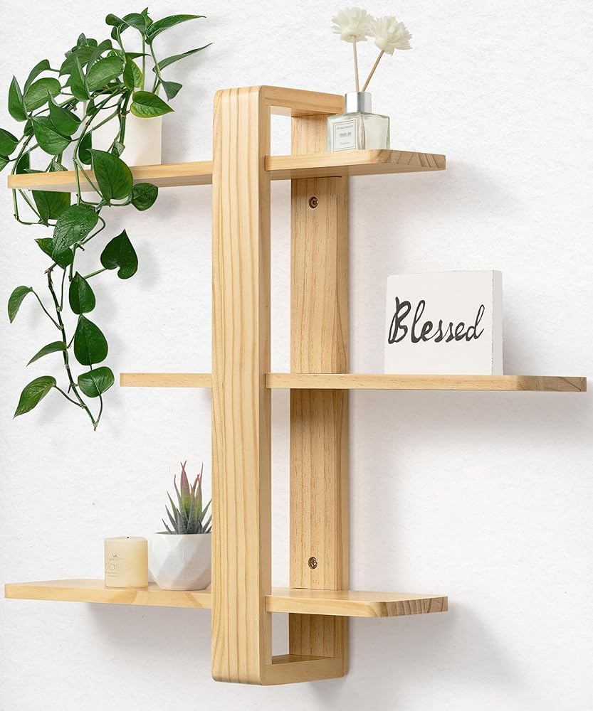 SUMGAR Floating Shelves for Wall Wood Mounted Shelving Unit All Pine Natural Wooden 3 Tier Large Shelf for Bedroom Living Room Office Bathroom Home