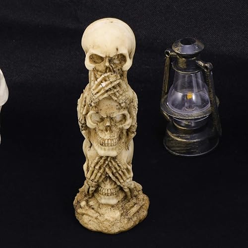 Miniatura 9 de Amosfun - Figura de esqueleto sin malvado para Halloween, ver pequeños cráneos, no ve, no oye, no malvado, figura de esqueleto de calavera apilada,