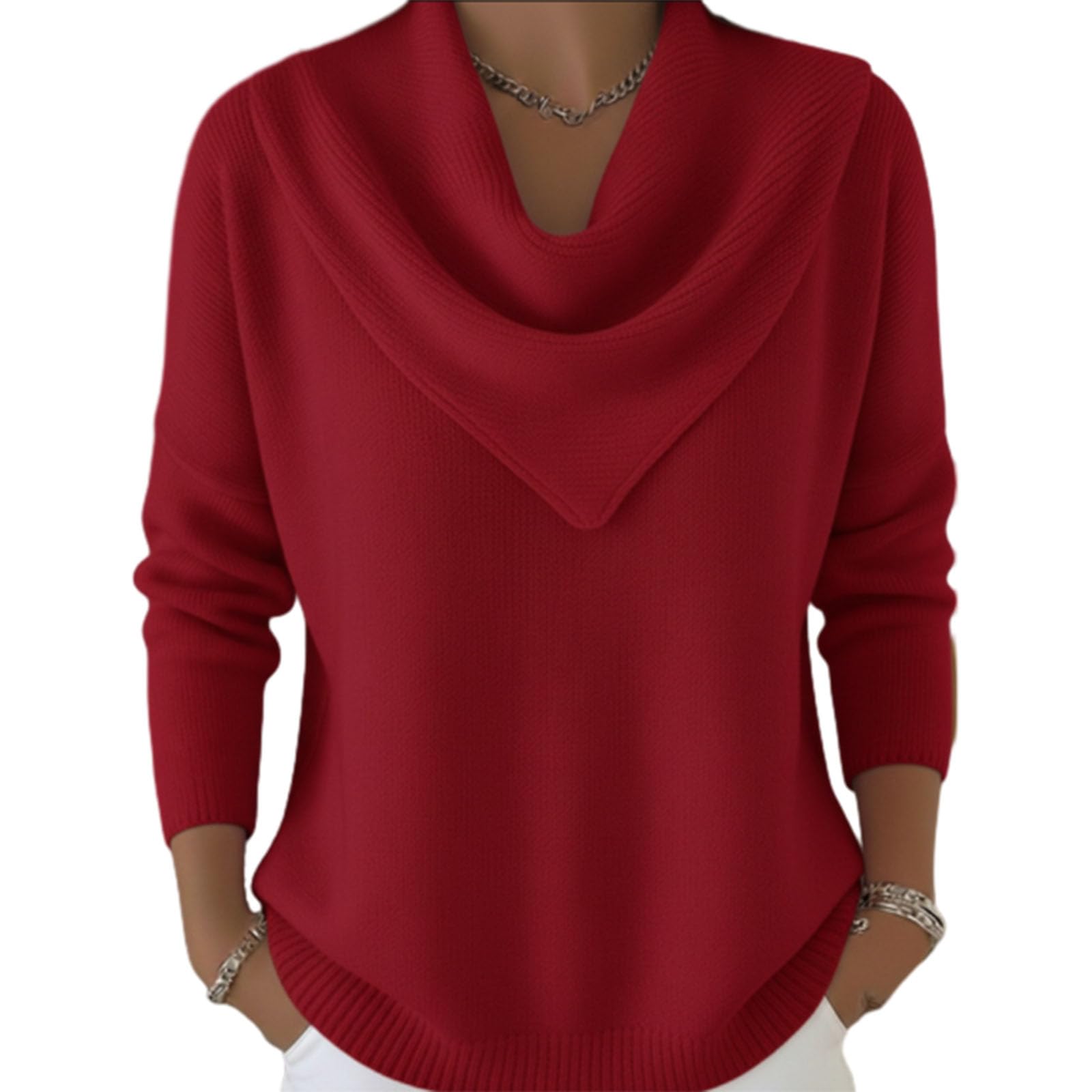 Elegant Retro Soft Triangle Neck Solid Color Sweater Top for Women Cozy Long Sleeve Knit Pullover Cowl Style