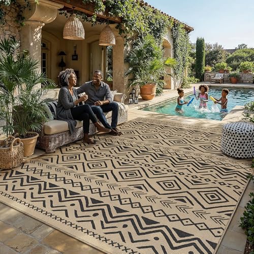 9x12 Easy Jute Outdoor Rug Black Boho Indoor Outdoor Area Rug Farmhouse Patio Carpet for Backyard, Patio, Porch, Living Room，Easy-Cleaning, High Tra