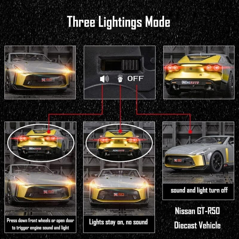 Image of SPITEN Nissan Gtr-50 Exclusive Alloy Metal Pull Back Die-Cast Car Scale Model With Sound Light Mini Auto Toy For Kids Metal Model Toy Car With Sound And Light 1:24 Scale, Multicolor