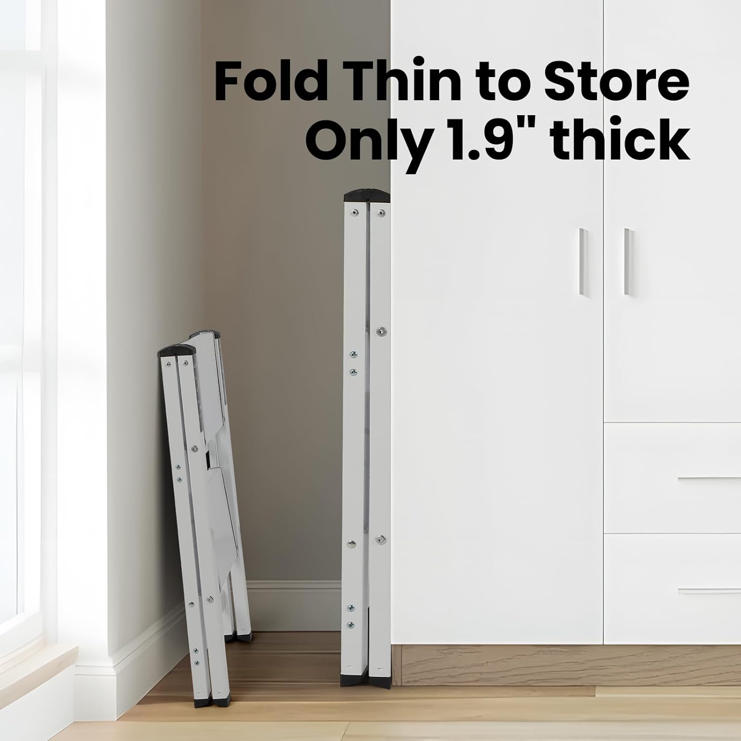 FAHKNS White 2 Step Ladder, Aluminum Light Folding 2 Step Stool with Non-Slip Wide Pedal (7.9Inch), 330Lbs Capacity Stepping Stool for Office,Household,Kitchen