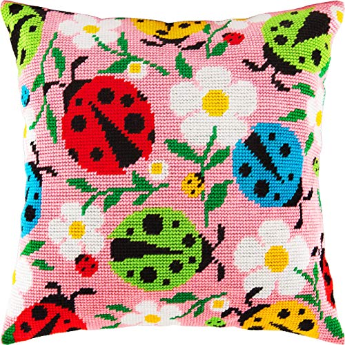 Brvsk Summer Embroidery Kit for Adults and Beginners — Ladybugs and Flowers 16??×?16? with Clear, Precise Printed Design on Cotton Canvas; Includes 2 Needles, Yarn, and Easy-Read Chart