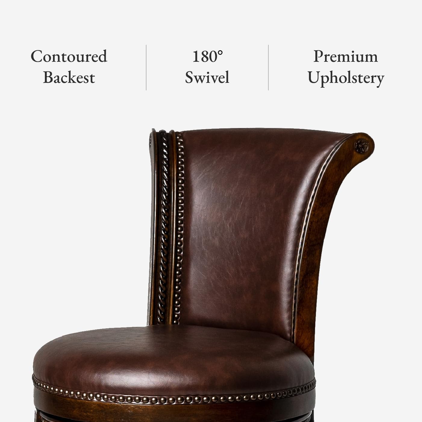 Maven Lane Pullman Bar Stool 31 Inches – Set of 4 – Swivel Stools with Footrest – Dark Brown Solid Wood Frame & Brown Faux Leather Upholstery – Perfect for Bars, Pub Tables & Tall Kitchen Counters