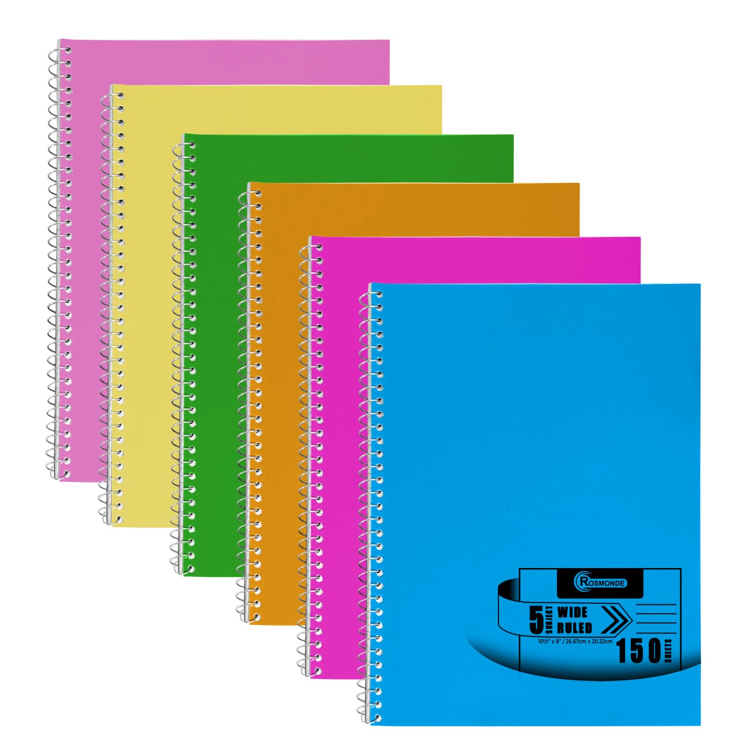5 Subject Notebook Wide Ruled, 6 Pack, Durable Water Resistant Cover Spiral Notebooks, No-Bleed 300 Pages/Book (150 Sheets), 8 x 10-1/2, 3 Hole, Assorted Colors, Bulk Notebooks for School