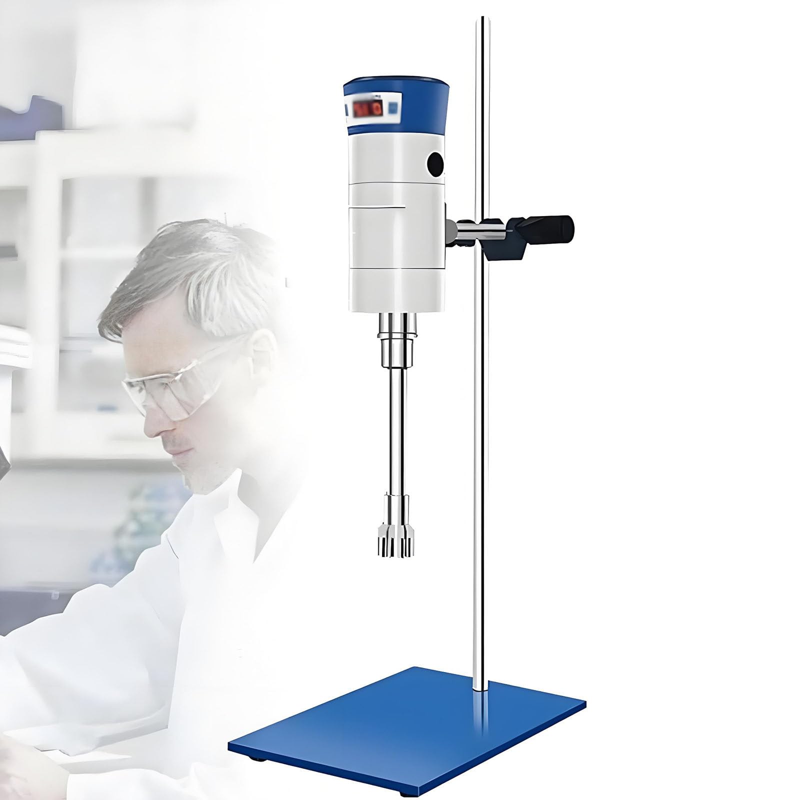 Lab Digital High Speed Homogenizer,50-40000ml Electric Overhead Stirrer Mixer with LCD Display,300-23000rpm Adjustable Lab Emulsifiering Machine for Large Batch Sample Mixing 2 Work Heads JRJ300~SH