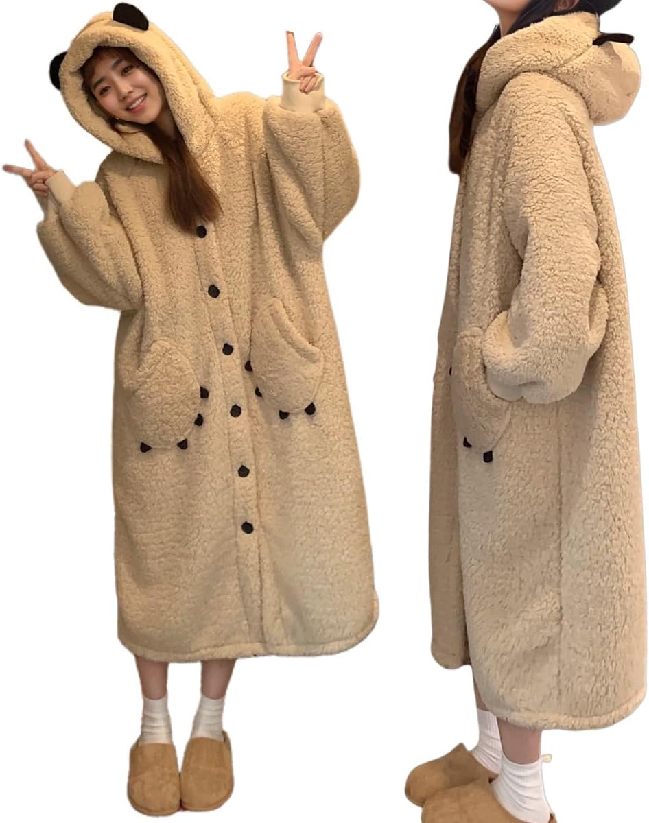 Plush Hooded Bear Cloak Pajamas for Women Winter,Fuzzy Sleep Robe Warm Cozy Fleece Lined Loungewear Christmas