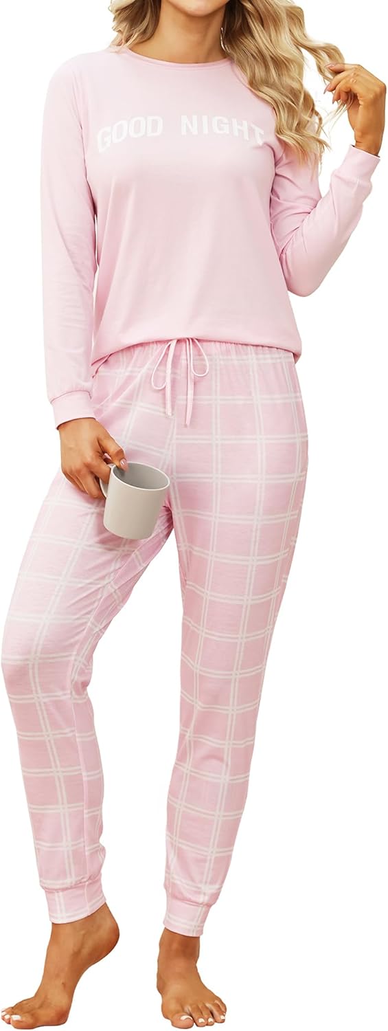 Cotton Pajamas for Women Set Soft Women's Long Sleeve Pajamas Set with Check Jogger Pants Lounge Set with Pockets
