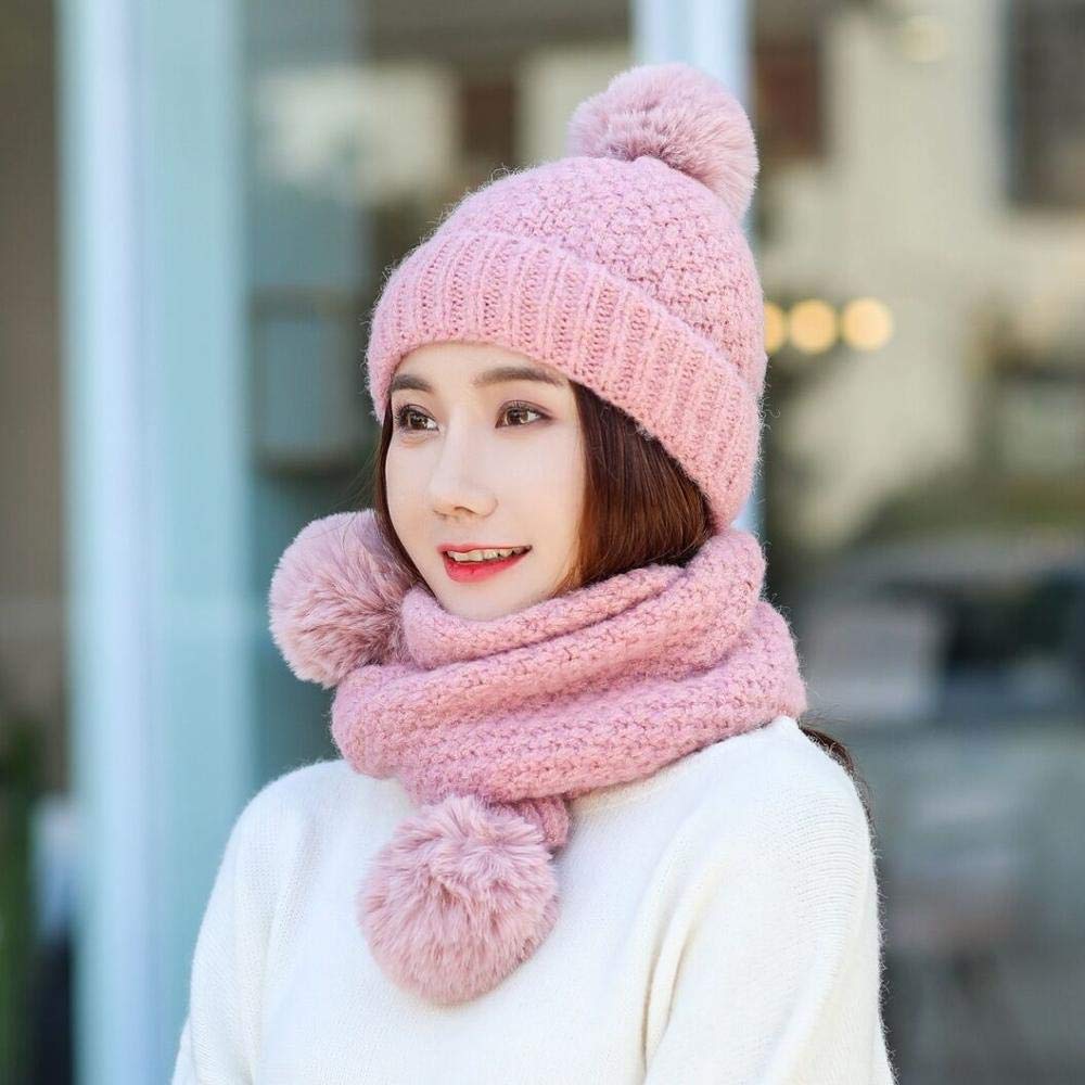 Bonnet Tricoté Chapeau d'hiver pour Femmes Écharpe en Laine Tricotée Chapeau Femme Grands Pompons Chapeaux pour Les Femmes Lady Bonnet Épais Bonnet De Ski Chaud