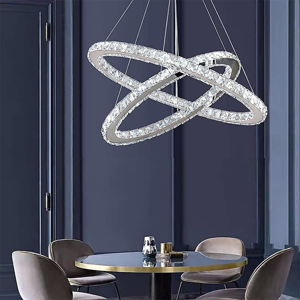 Modern Crystal Chandeliers Oval 2 Rings Pendant Lighting Adjustable Stainless Steel Ceiling Lights Fixtures for Dining Room Living Room Bedroom 6000K(Cool White 19.7"/23.6")