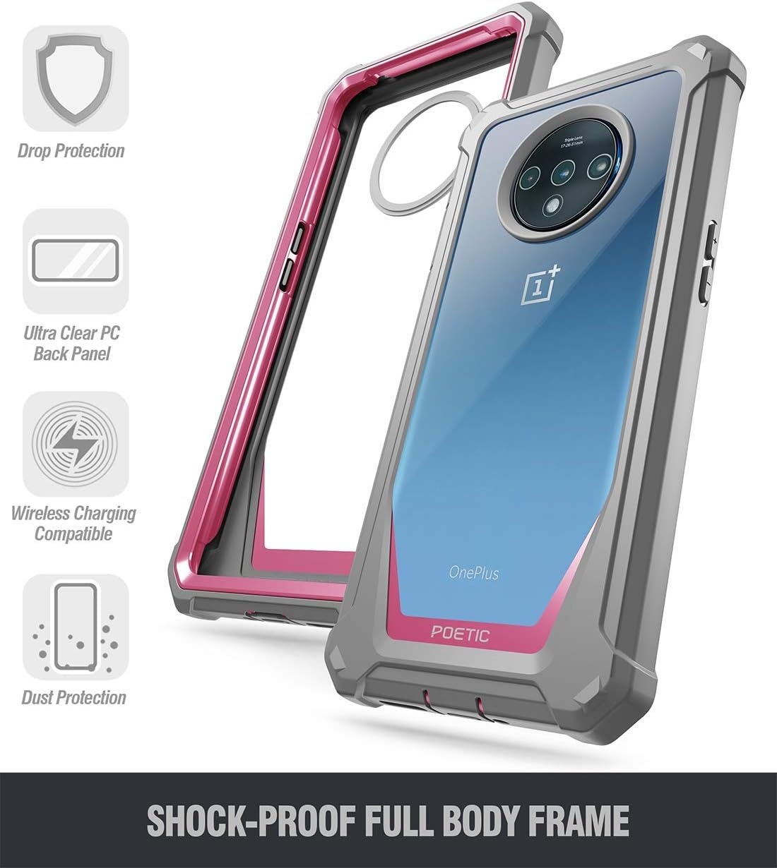 OnePlus 7T Rugged Clear Case, Poetic Full-Body Hybrid Shockproof Bumper Cover, Built-in-Screen Protector, Guardian Series, Case for OnePlus 7T (2019 Release), Pink/Clear