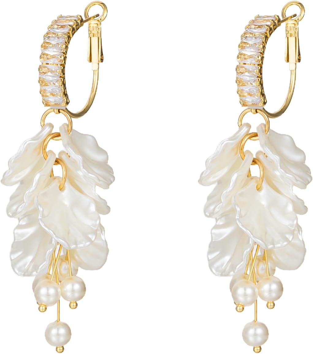 White Pearl Petal Flower Hoop Dangling Earrings For Women,Long Sparkly CZ Cubic Lightweight Women Jewelry Earrings For Wedding Party Bride Bridesmaid