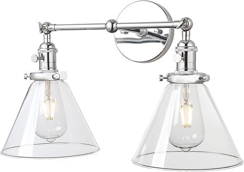 Miniatura 9 de Permo Aplique doble vintage industrial antiguo de 2 luces apliques de pared con embudo de vidrio transparente acampanado (cromado)
