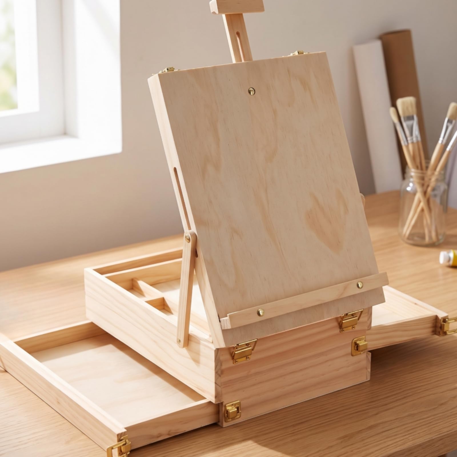 Scatola Cavalletto in Legno Compatto, Cassetta Da Pittura Portatile In Legno Massello, Modello Aperto, Con Cavalletto Da Tavolo E Cassetto Circa 33,3 × 27,7 × 26 Cm