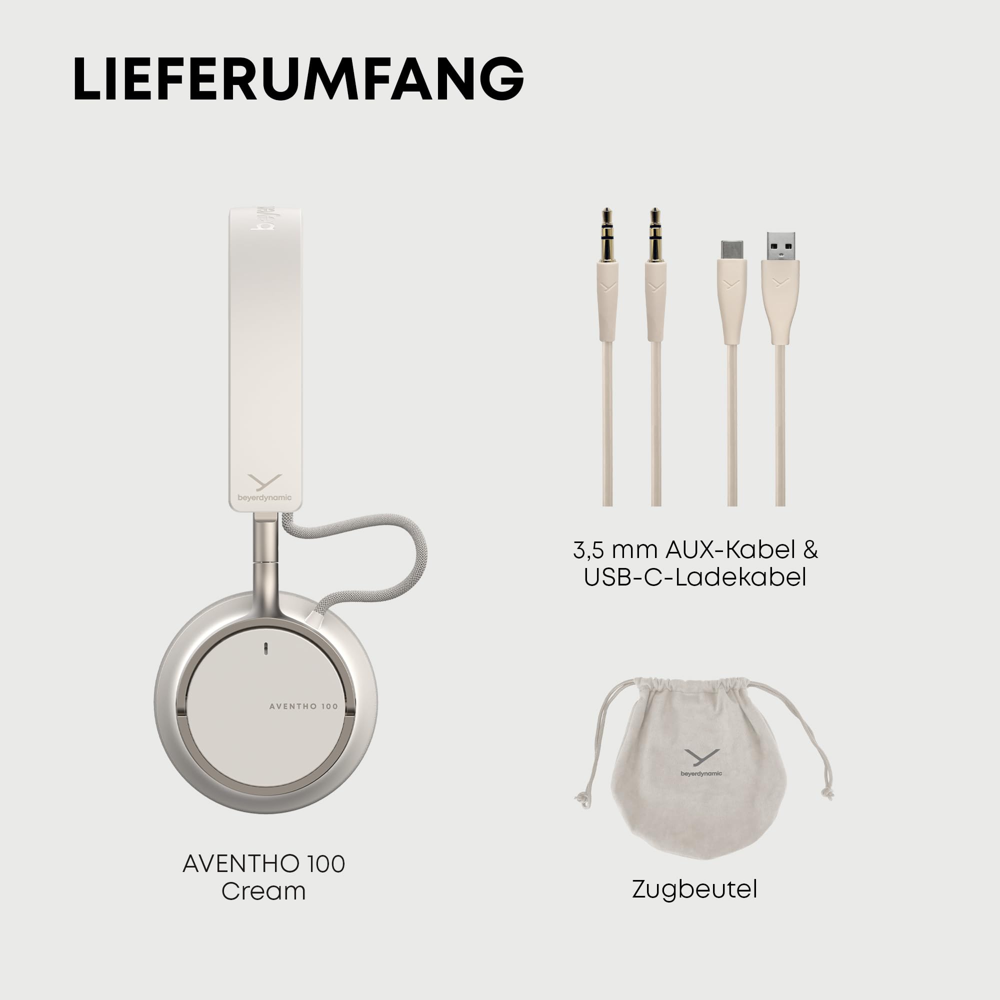 beyerdynamic AVENTHO 100 Wireless On-Ear Kopfhörer mit aktiver Geräuschunterdrückung, 60 Stunden Akkulaufzeit, faltbares Design, austauschbare Ohrpolster, in Cream - neues Update per App verfügbar