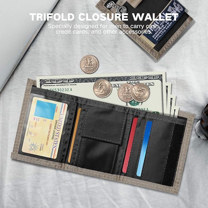 JEMINAL Trifold Wallet for Men Canvas Outdoor Sports Keychain Wallet with Multiple Card Slots and ID Window Black Gifts for Dad from Son Daughter Wife2
