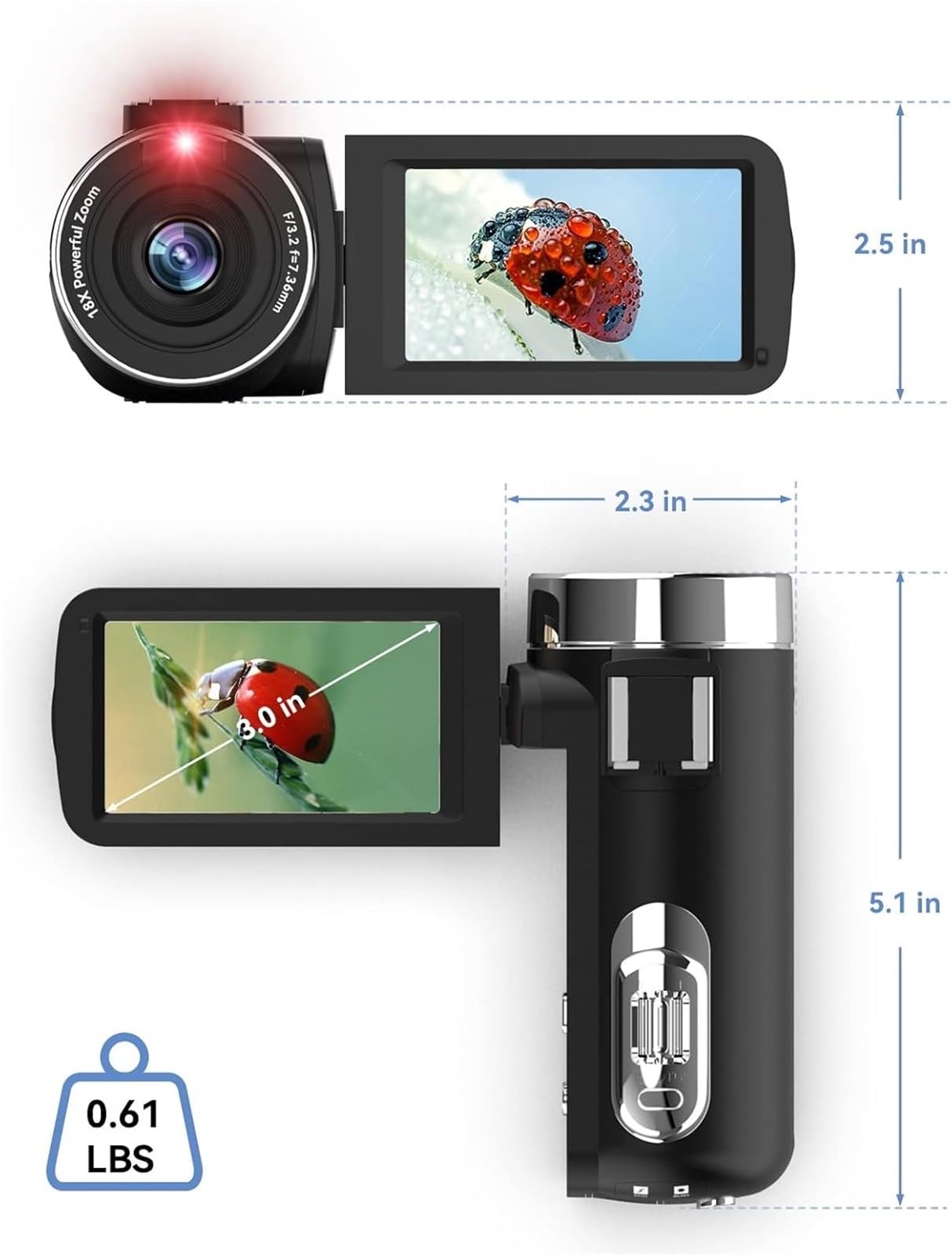 Videocamera 4K con zoom digitale 18X, fotocamera for vlogging da 48 MP for YouTube, touchscreen IPS ruotabile a 270° 3,0 pollici, microfono Leggero
