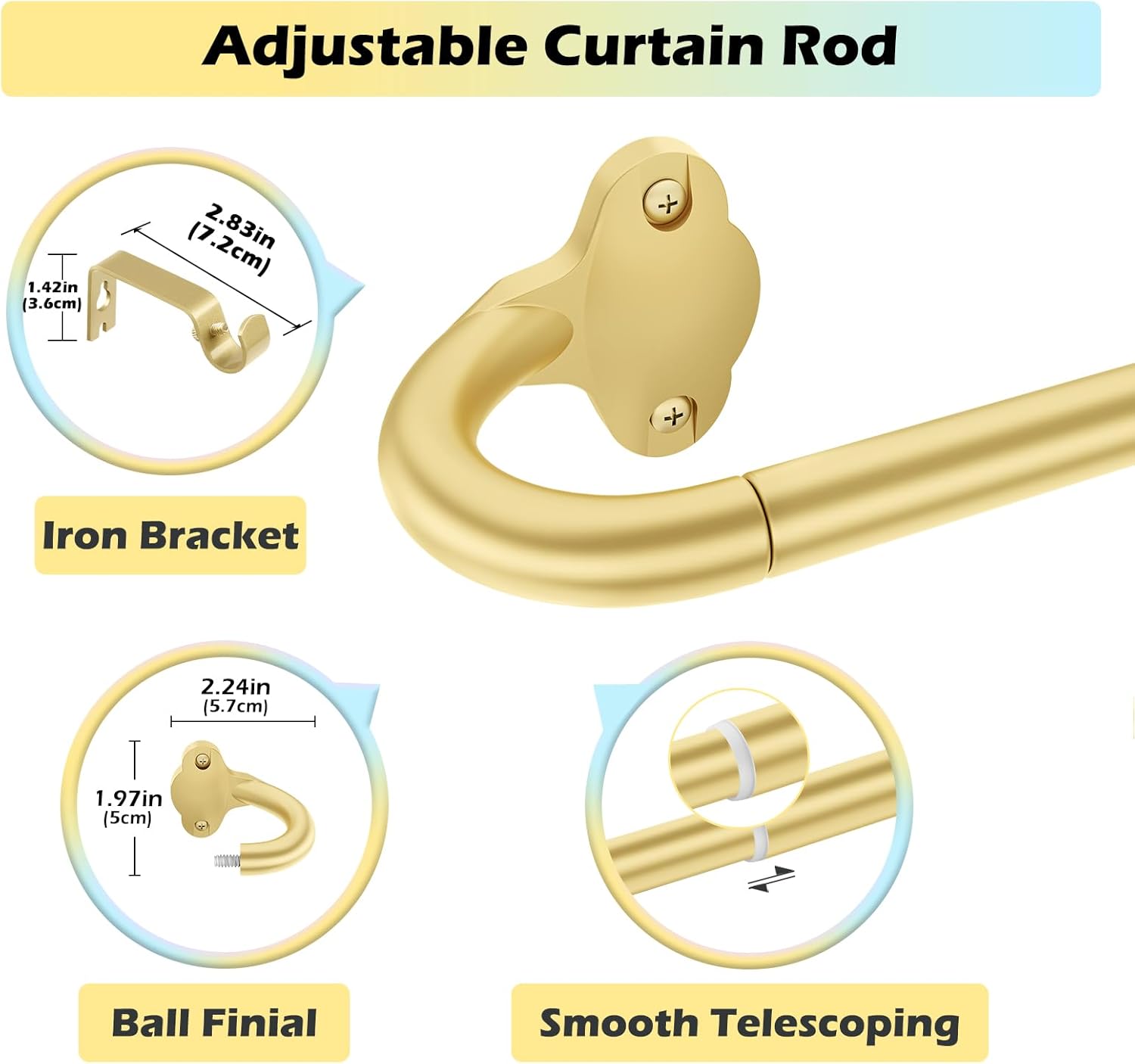 Wrap Around Blackout Curtain Rod 36-88 Inch (3-7.3 Ft), 5/8" Adjustable Curved Window Rod for Room Darkening, Modern Single Drapery Rod for Living Room Windows, Gold, 2 Pack