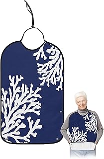 Kewadony Adult Bibs for Elderly Women - Coral Navy Blue Waterproof Dining Clothing Protectors with Crumb Catcher for Eating/Feeding, Nautical Coastal Ocean Theme Marine Terry Cloth Bib Washable