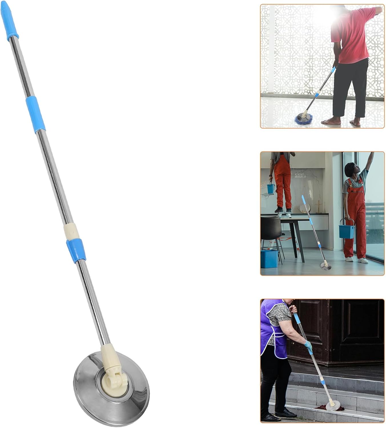BETOOKY Detachable Stainless Steel Rotary Mop Pole Blue Telescopic Handle Reinforced Mop Head Base for Commercial Floor Cleaning