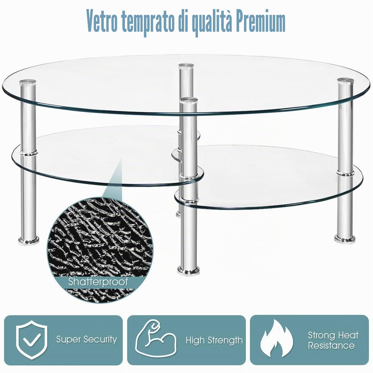 LIFEZEAL Tavolino da Salotto in Vetro Temperato, Tavolino Basso Ovale, Tavolino da Divano, Tavolino da Caffè, Telaio in Metallo, per Soggiorno, Max 70 kg, Montaggio Facile, Moderno, 90x50x45 cm