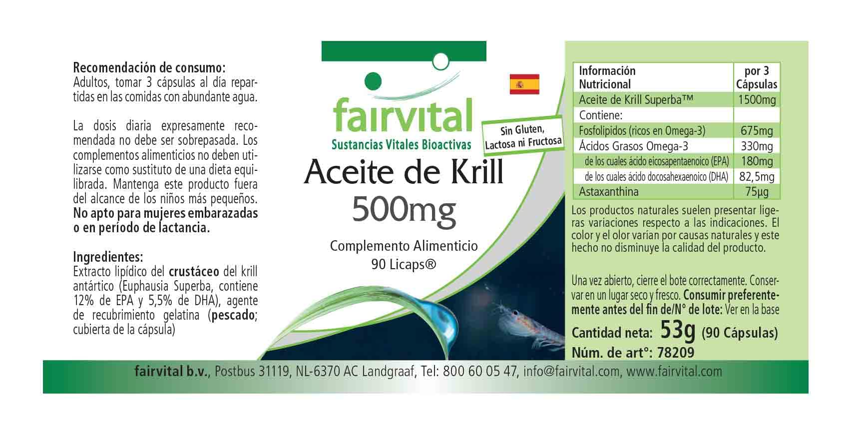 fairvital Capsules d'huile de krill 500mg, 90 LiCaps®, HAUTEMENT DOSÉ, Superba Antarctique, riche en EPA et DHA