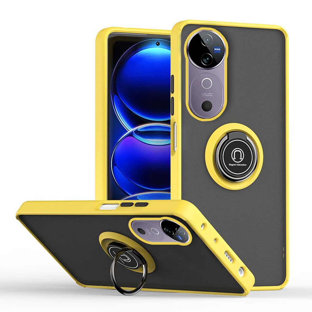 SEAHAI Case for Vivo V40 5G / Vivo V40 Pro 5G, Ultra Thin Hard Translucent PC Matte Back Soft TPU Silicone Dual Layer Hybrid Shockproof Cover, with Ring Holder Kickstand, Yellow