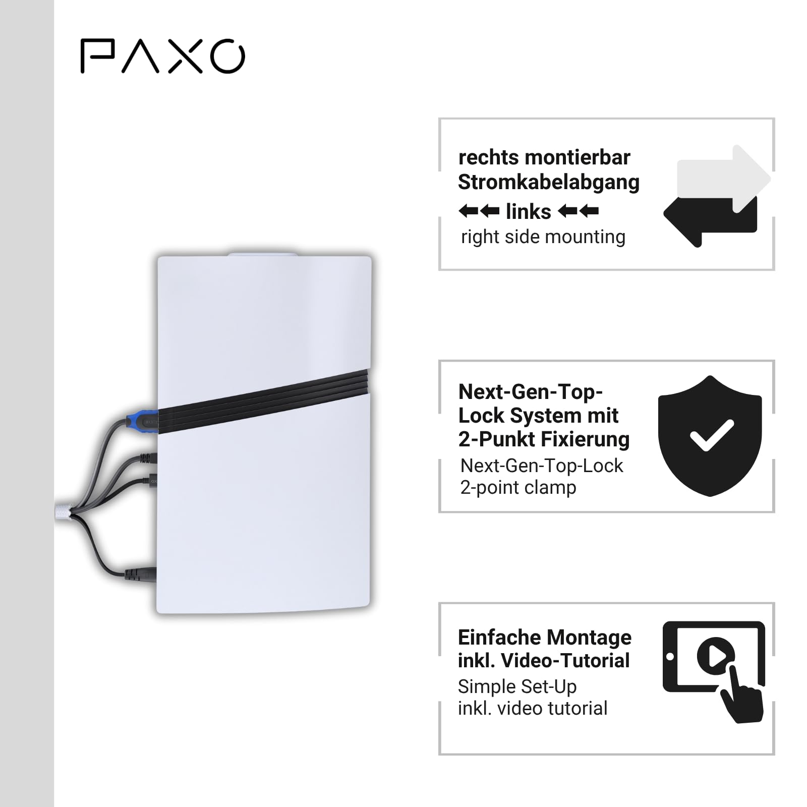PAXO PS5-PRO Wandhalterung für Disc & Digital | Stromkabelabgang Links | Kompatibel mit Sony PlayStation 5 PRO, PS5 Zubehör, PS5-Weiß