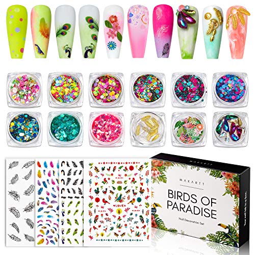 Makartt Nail Decoration Set, Birds of Paradise Collection 12 Boxes Nail Sequins Nail Glitters Nail Rhinestones with 4 Sheets Nail Prints Stickers Nail Decoration Accessories kit for DIY nail art