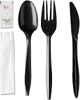 Houzzkingzusa 250 Black Plastic Cutlery Packs - Knife Fork Spoon Napkin Salt Pepper Kits | Individually Wrapped Disposable Utensils Bulk