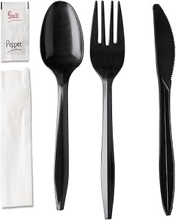 Houzzkingzusa 250 Black Plastic Cutlery Kits - Knife Fork Spoon Napkin Salt Pepper | Individually Wrapped Disposable Silverware Bulk Packs