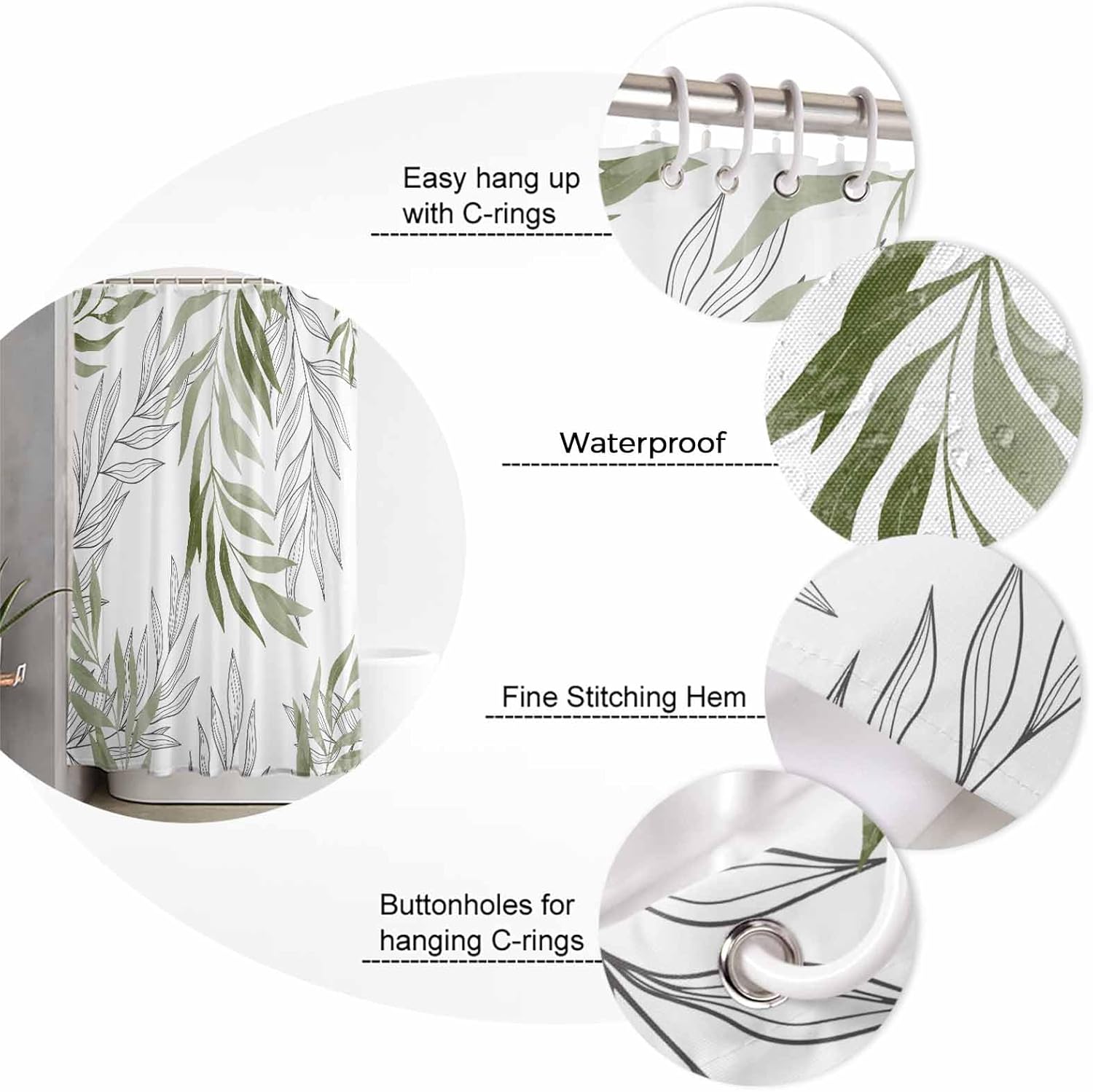Sage Green Leaves Shower Curtain Set with Hook 72" x 84",Washable Cloth Polyester Fabric Shower+Curtain,Waterproof Bath Curtains for Bathroom,Showers,Bathtubs Decor Geometric Black Lines White Simple
