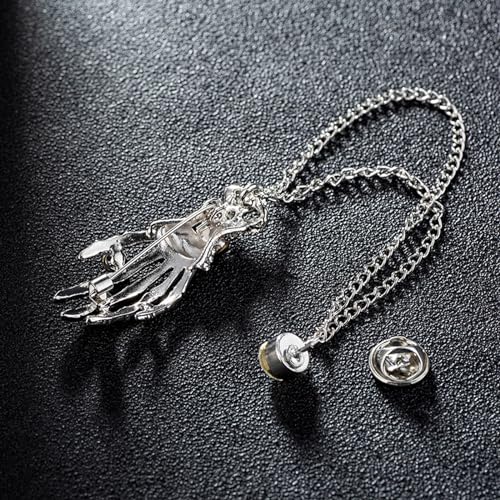 Image of Gothic Halloween Skull Hand Brooch Pin for Women Men Punk Vintage Crystal Skeleton Tassel Chain Lapel Pins Dark Skull Brooches Sweater Suit Accessory