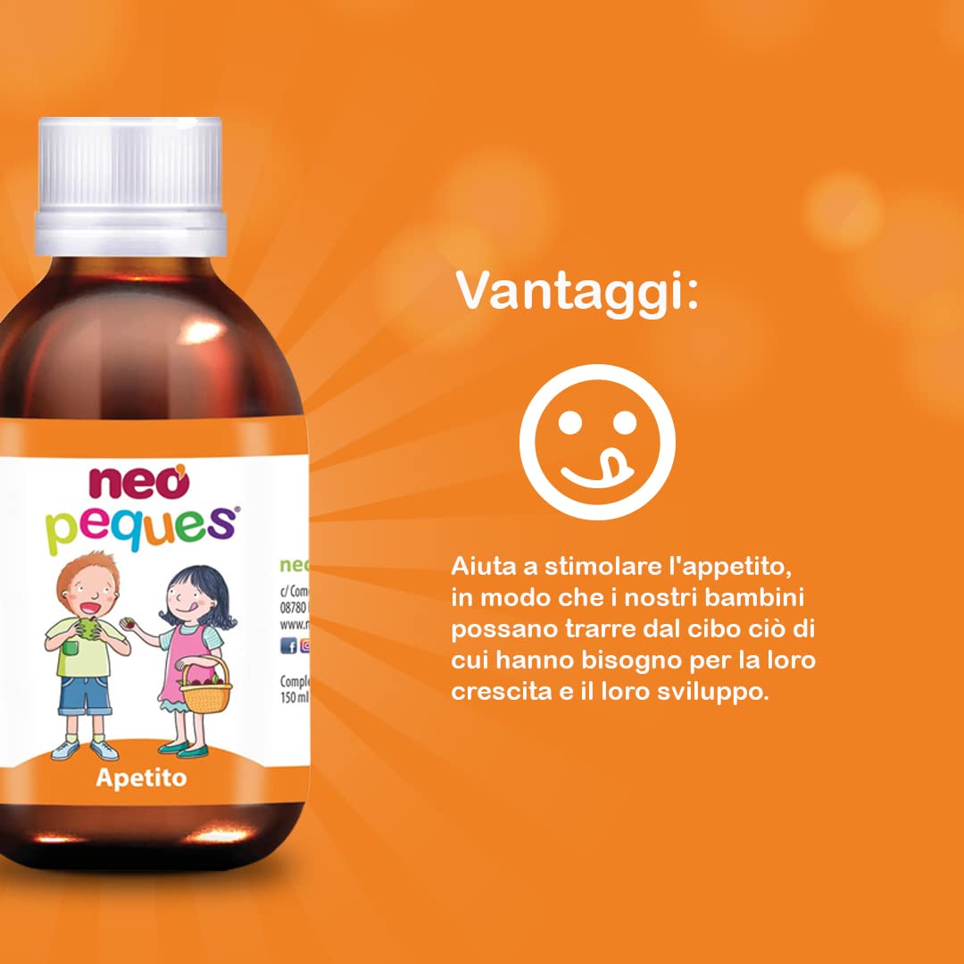 NEO PEQUES | Sciroppo per Bambini Appetito | 150 ml | Stimola l’appetito e Riduce la Sensazione di Stanchezza | A base di Estratti Vegetali e Oligoelementi | Gusto Lampone