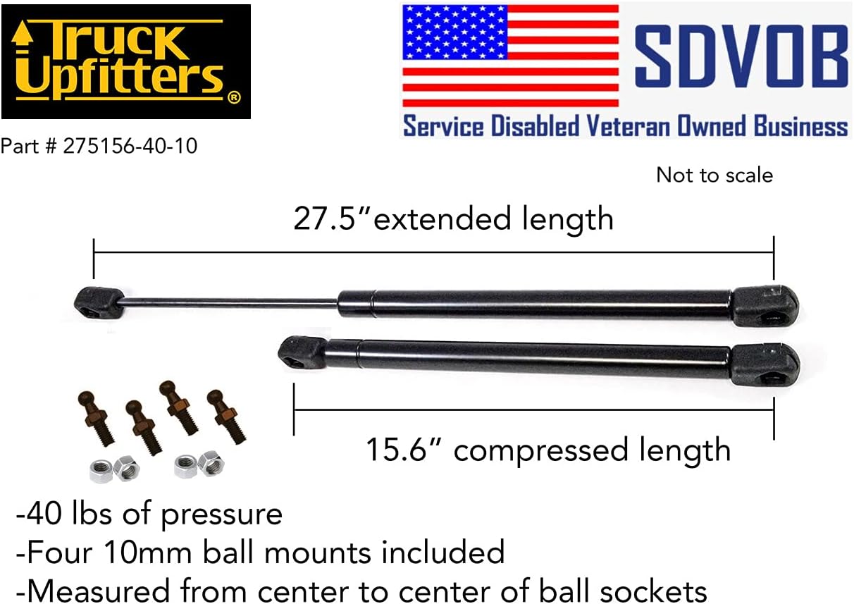 2 Truck Upfitters Gas Props for Undercover Tonneau Covers ONLY. 27.5" Extended and 15.6" Compressed Length (Measured from Center of Ball mounts), 38 pounds of Pressure ea. Incl 4 Ball mounts!