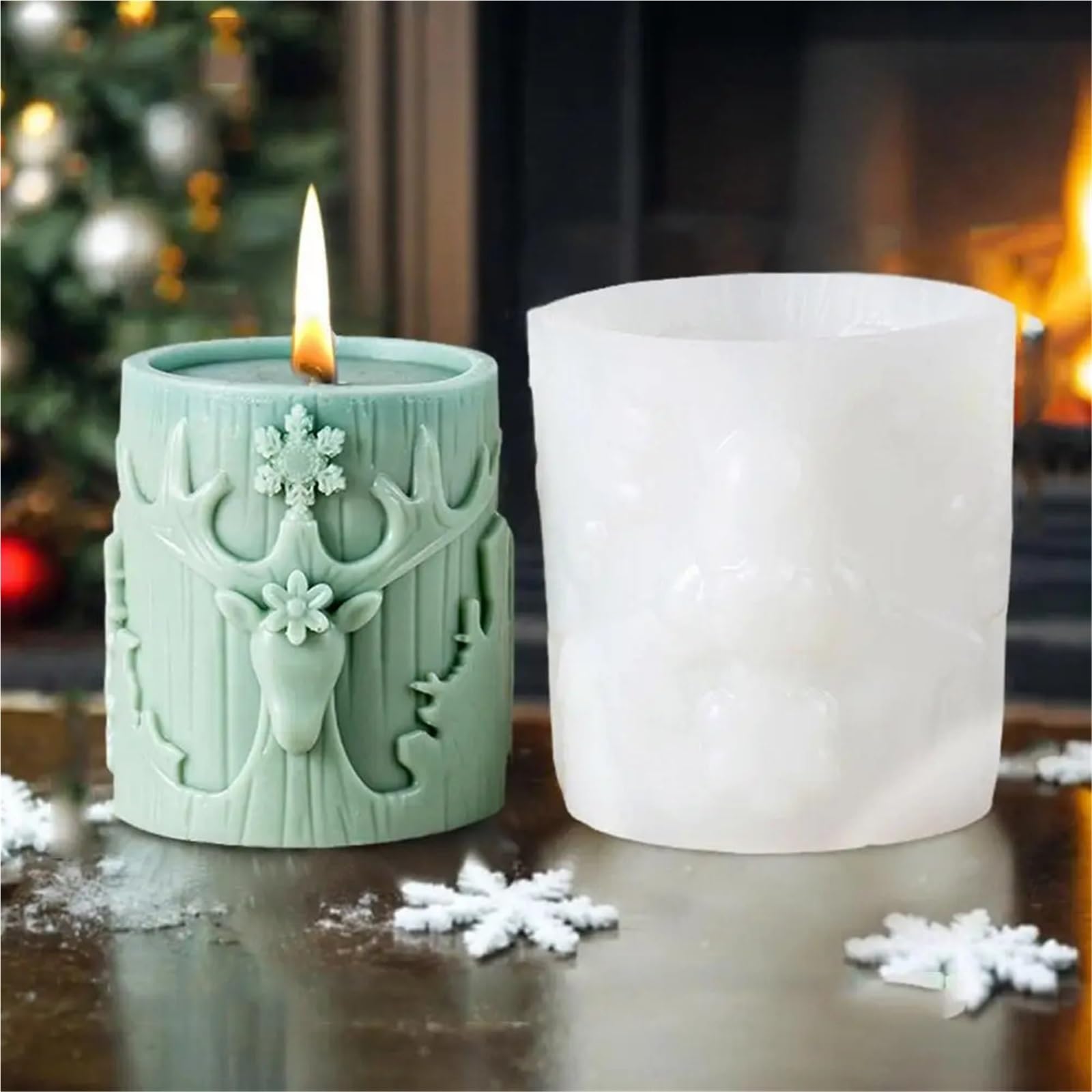 7 Uds. De vela cilíndrica con patrón de tallado árbol Navidad, molde silicona 3D, cilíndrico for alce y copo nieve Reno para Velas(Clear07)