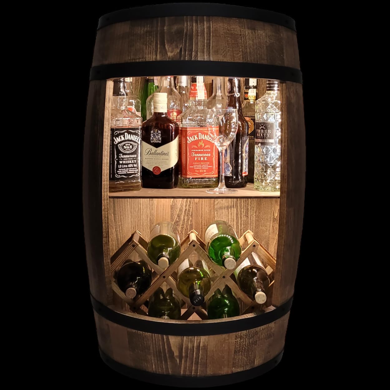 weeco Montabile con illuminazione a LED e portabottiglie per vino, Barile In Legno, decorazione rustica, armadietto da bar, portabottiglie, portabottiglie di vino, Mobilie a forma di botte 80cm wengé