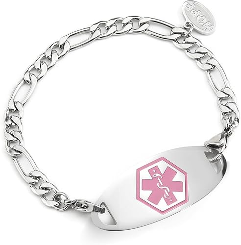 Miniatura 8 de Pulsera de alerta médica intercambiable de acero inoxidable para mujeres y niñas, pulsera de emergencia de cadena Figaro de 6 a 8 pulgadas, grabado
