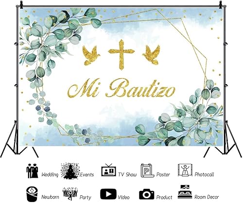 Miniatura 2 de Telón de fondo con texto en inglés "God Bless Mi Bautismo", para la primera comunión, decoración de fiesta de baby shower, para niñas y niños, fondo