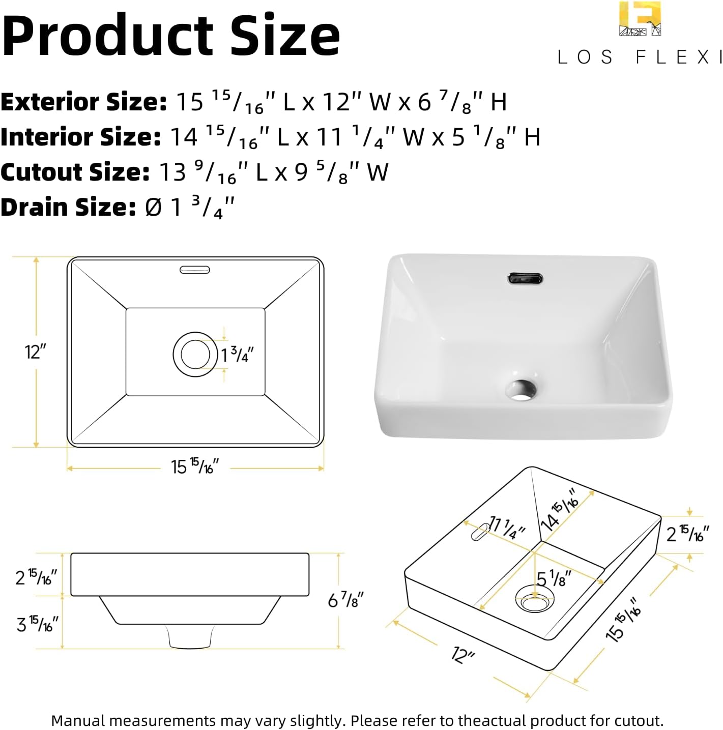 16"W x 12"D Bathroom Vessel Sink with Overflow, Los Flexi 16 Inch Rectangular Ceramic Semi Recessed Sink, Above Counter Bathroom Sinks in Glossy White for Modern Vanity Tops