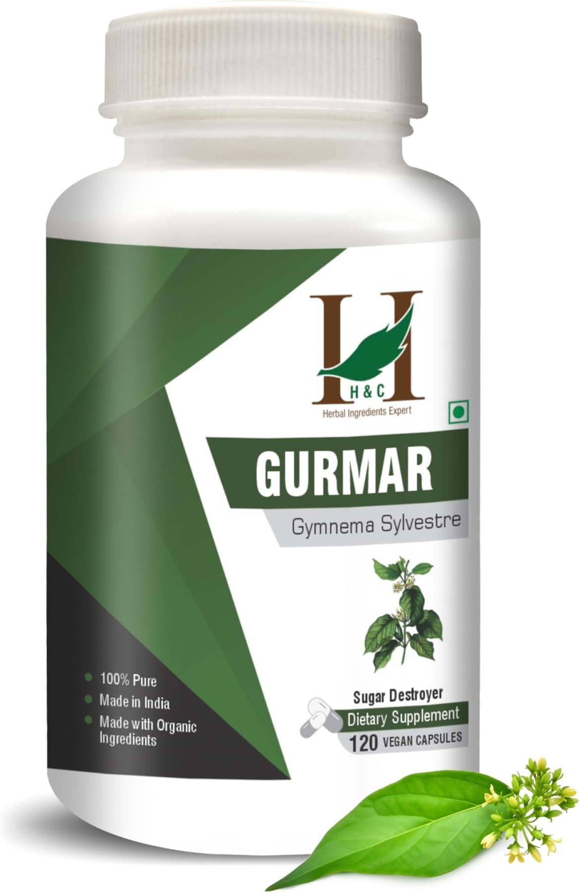 H&C Herbal Ingredients Expert Gurmar/Gymnema 450mg 120-Capsules For Healthy Blood Sugar Levels, Metabolic Wellness