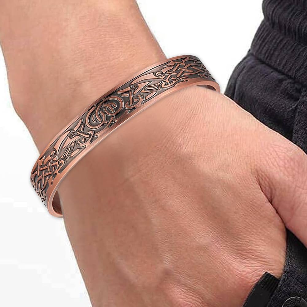 Bracelet Jonc Celtique Magnétique Cuivre Gravé Ajustable Bijoux Homme Vintage Ethnique